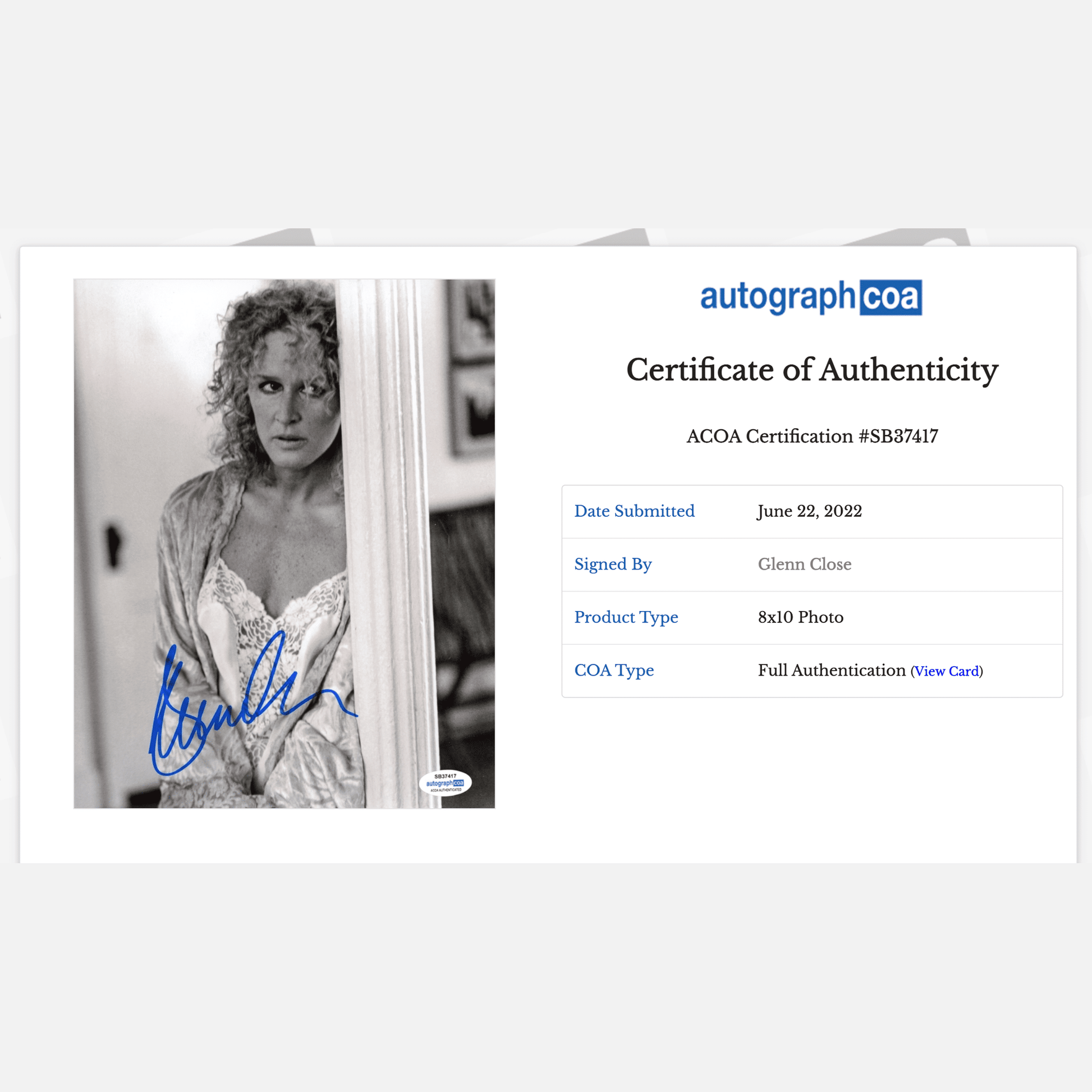 GLENN CLOSE autograph ACOA signed 8x10 photography Fatal Attraction 8x10
