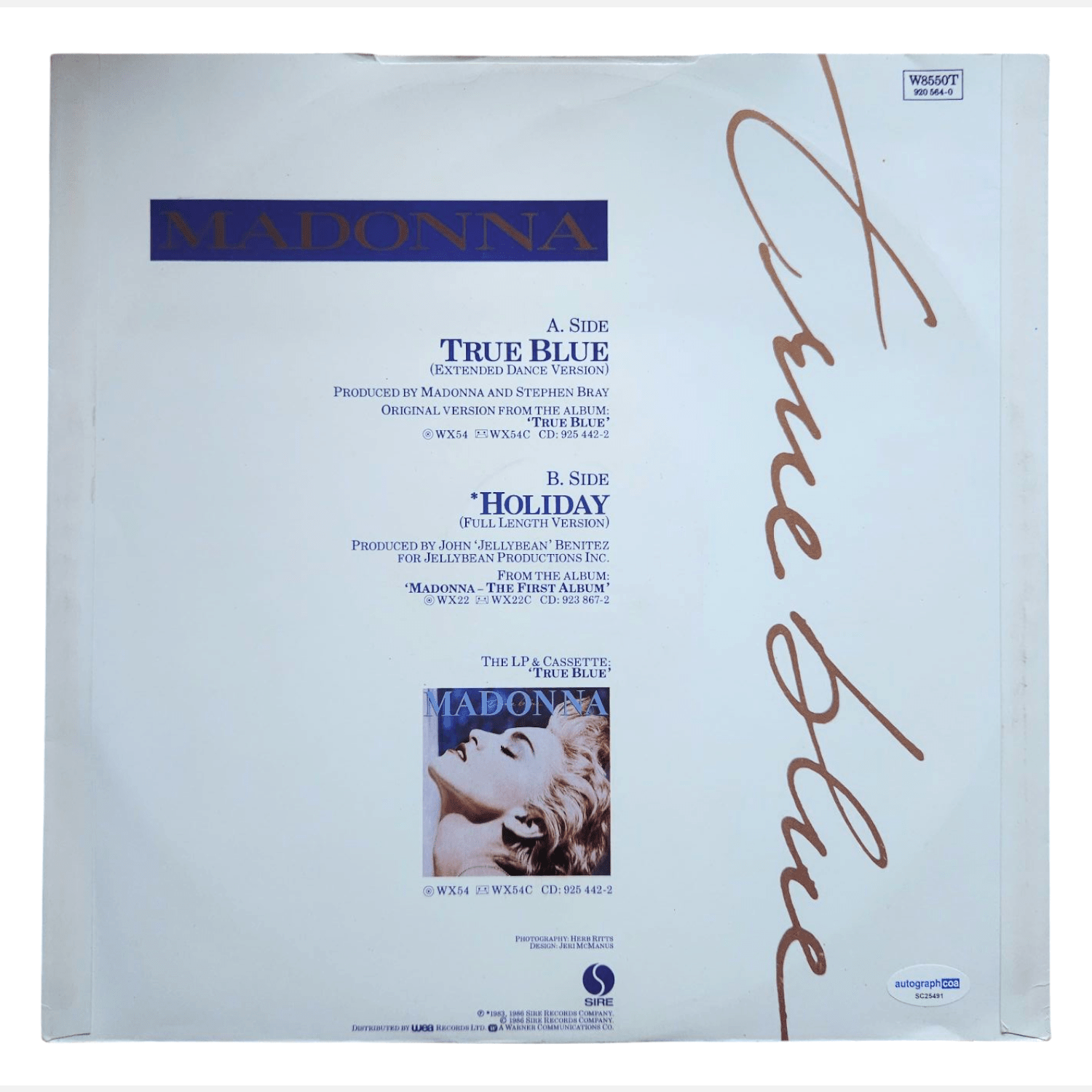 MADONNA autograph ACOA LOA signed Vinyl LP True Blue RARE vinyl