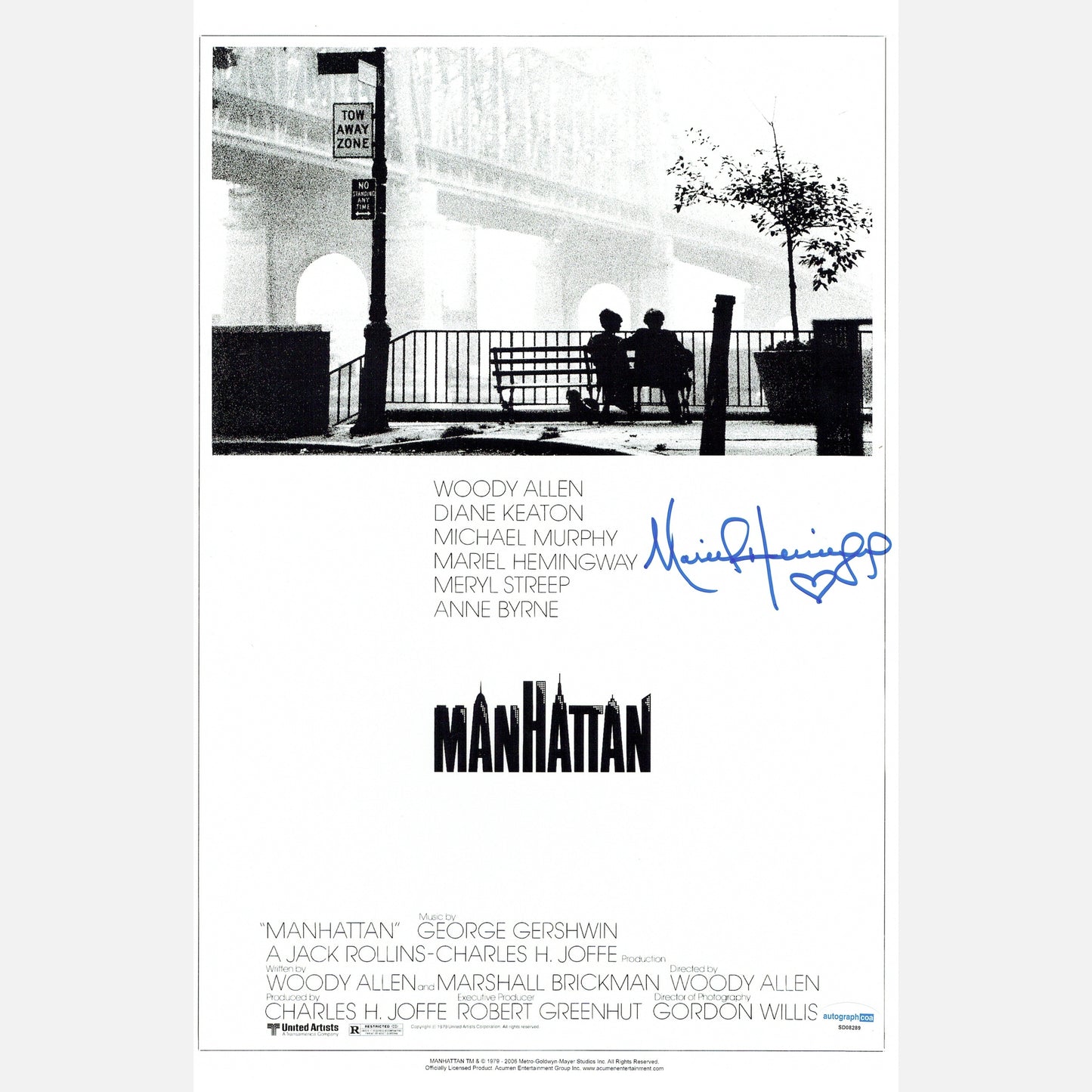 Autograf MARIEL HEMINGWAY Certyfikat ACOA 28x43 cm MANHATTAN