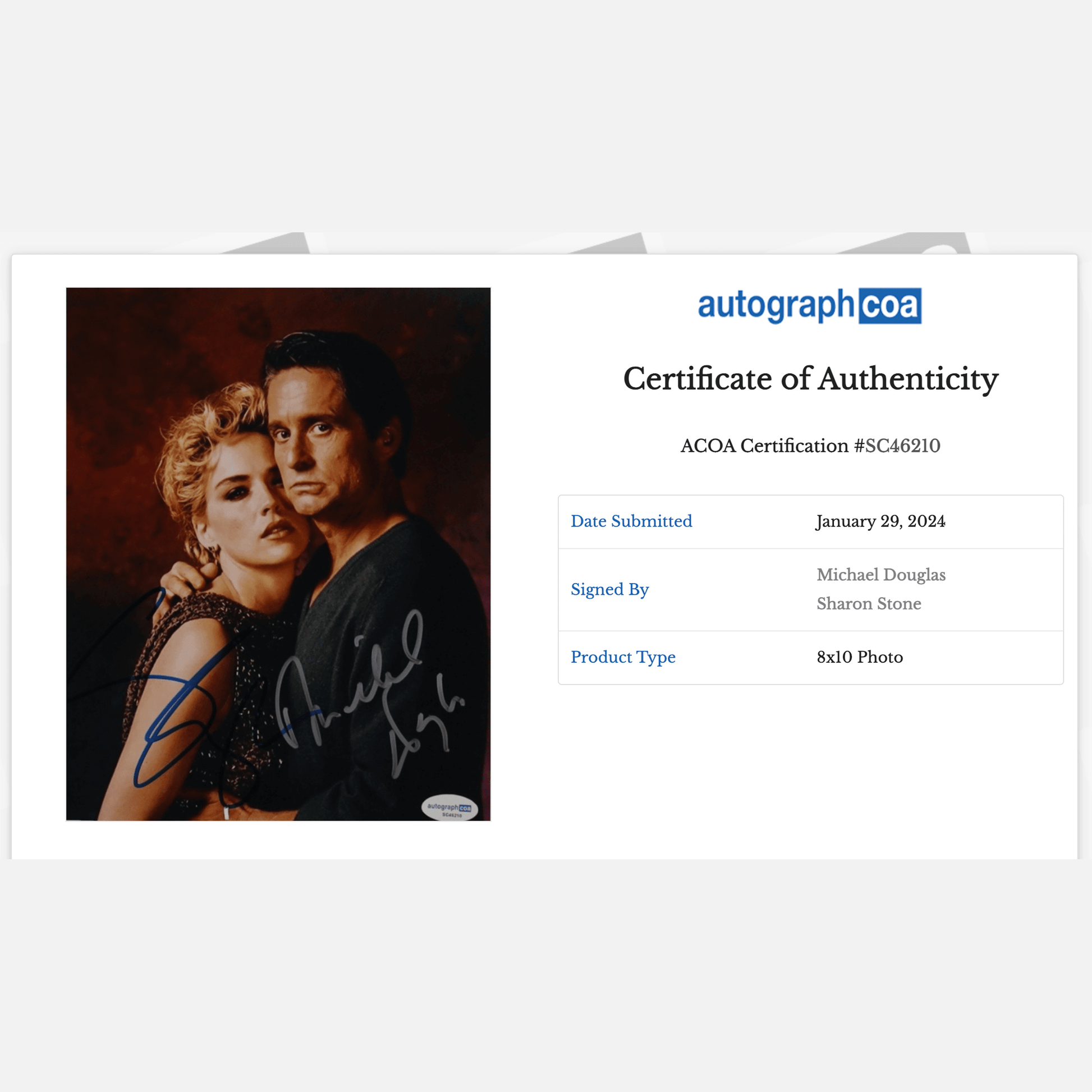 MICHAEL DOUGLAS & SHARON STONE autograph ACOA signed 8x10 photography BASIC INSTINCT 8x10