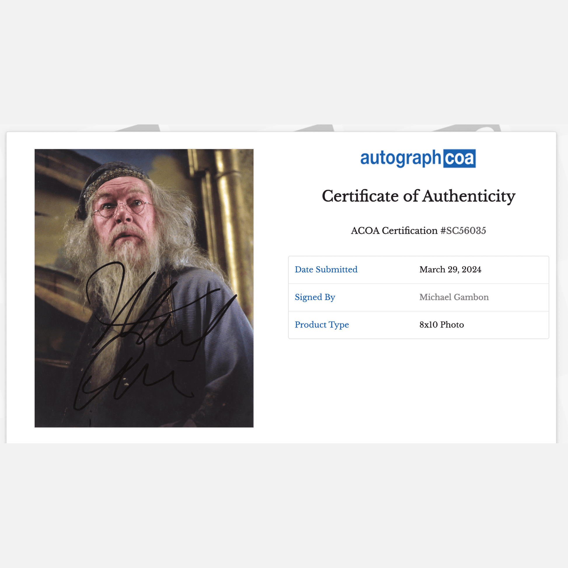 MICHAEL GAMBON autograph ACOA signed 8x10 photography HARRY POTTER 8x10