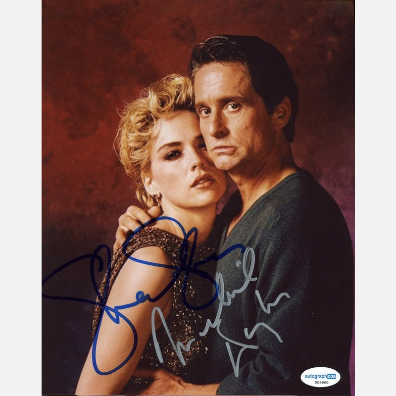 Autografy MICHAEL DOUGLAS i SHARON STONE Certyfikat ACOA 20x25 cm NAGI INSTYNKT