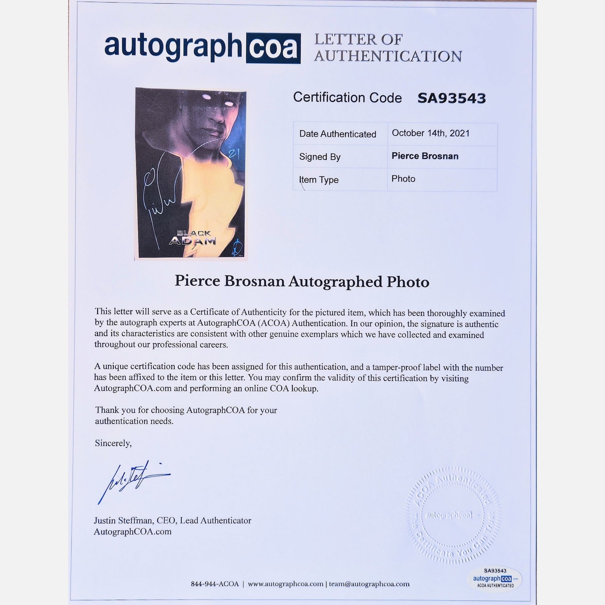 PIERCE BROSNAN autograph ACOA LOA signed 12x19 poster BLACK ADAM 12x18