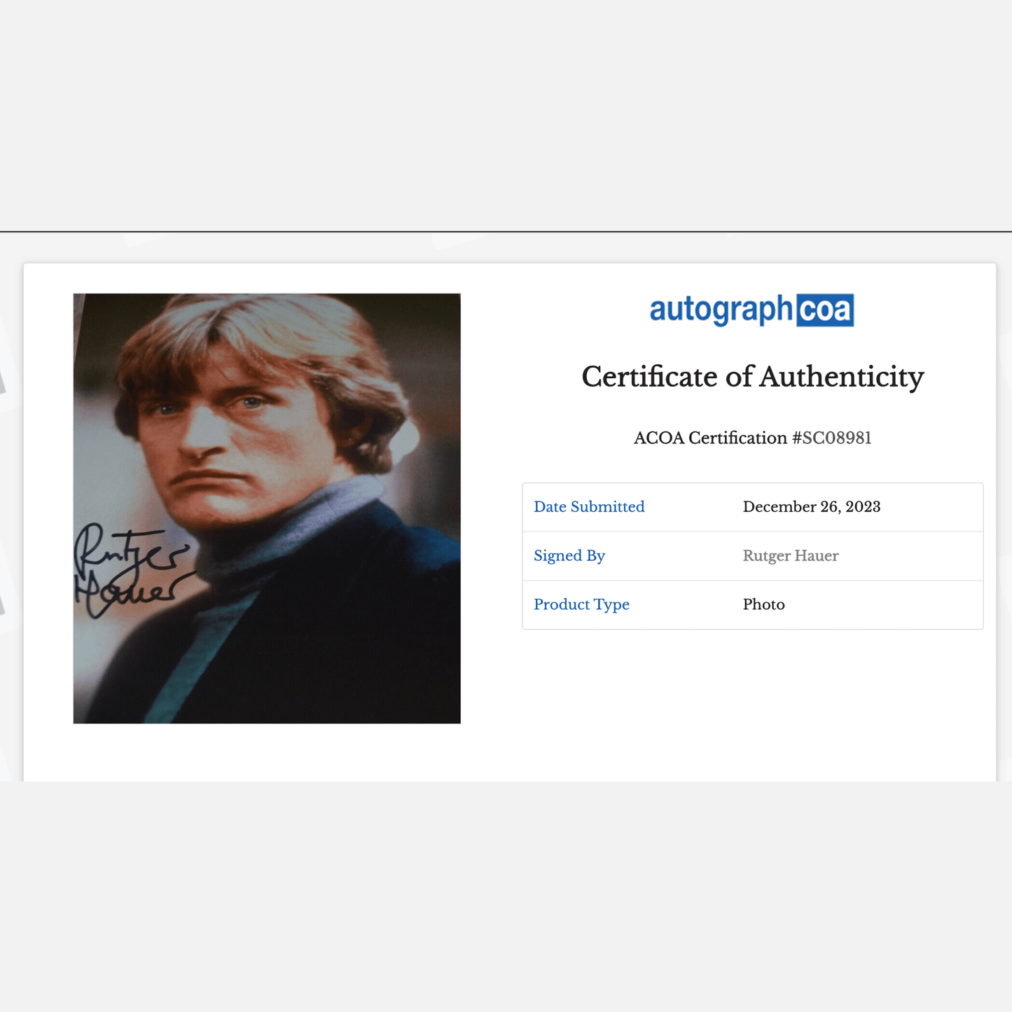 RUTGER HAUER autograph ACOA signed 8x10 photography 8x10