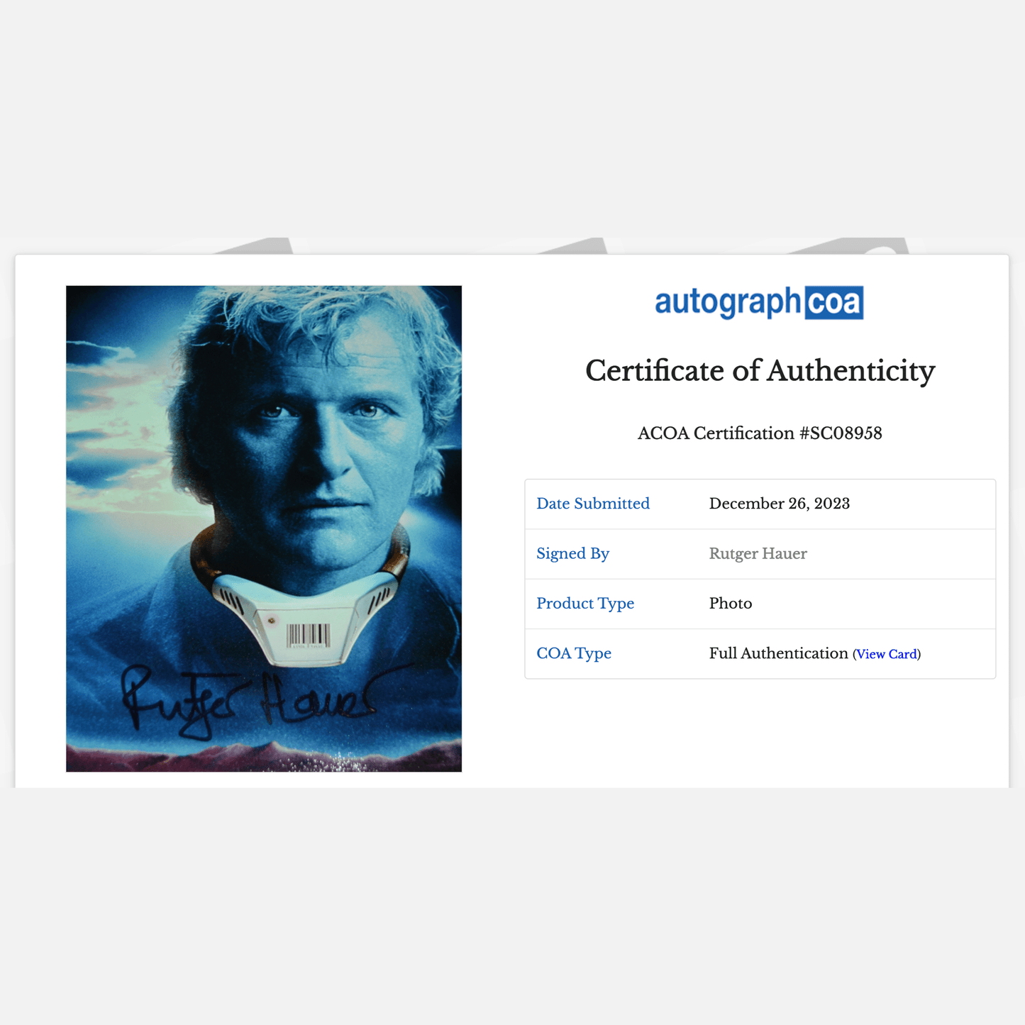 Autograf RUTGER HAUER Certyfikat ACOA 20x25 cm