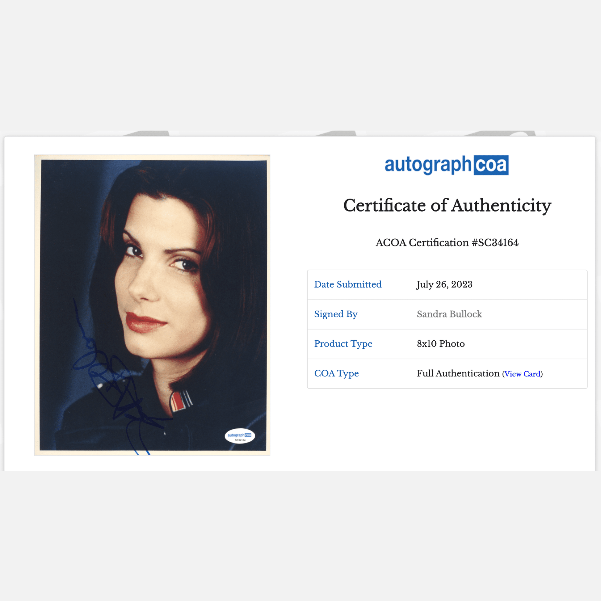 SANDRA BULLOCK autograph ACOA signed 8x10 photography DEMOLITION MAN 8x10