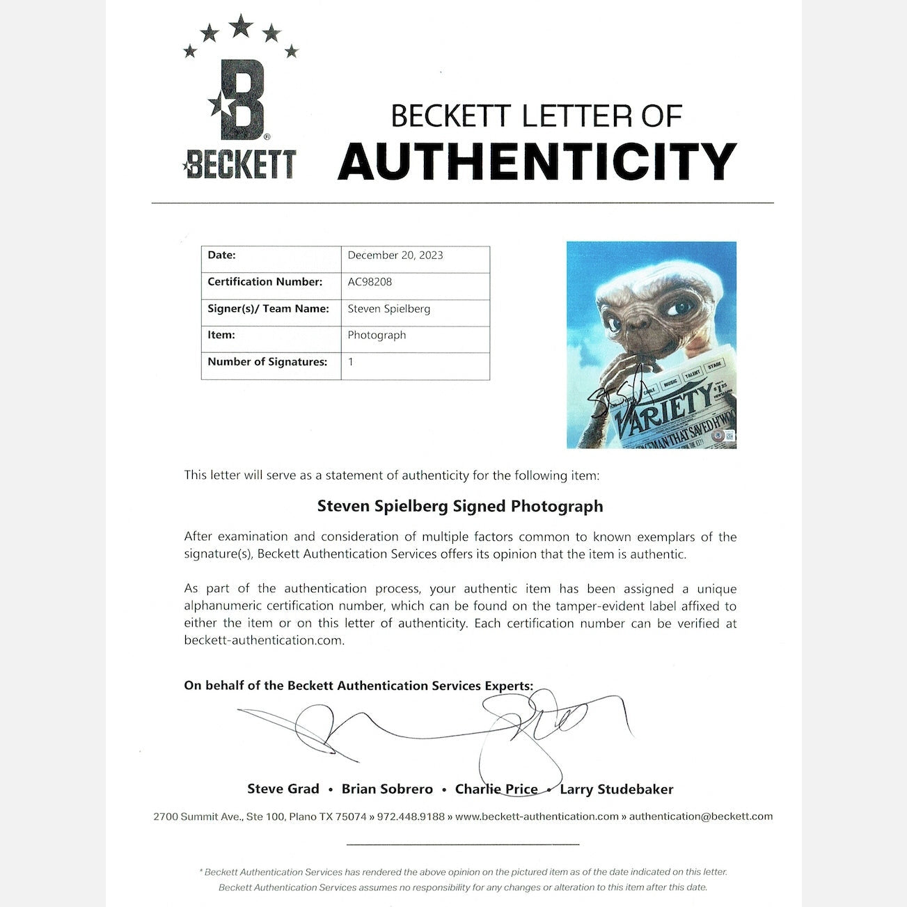 STEVEN SPIELBERG autograph BECKETT LOA signed 8x10 photography ET 8x10