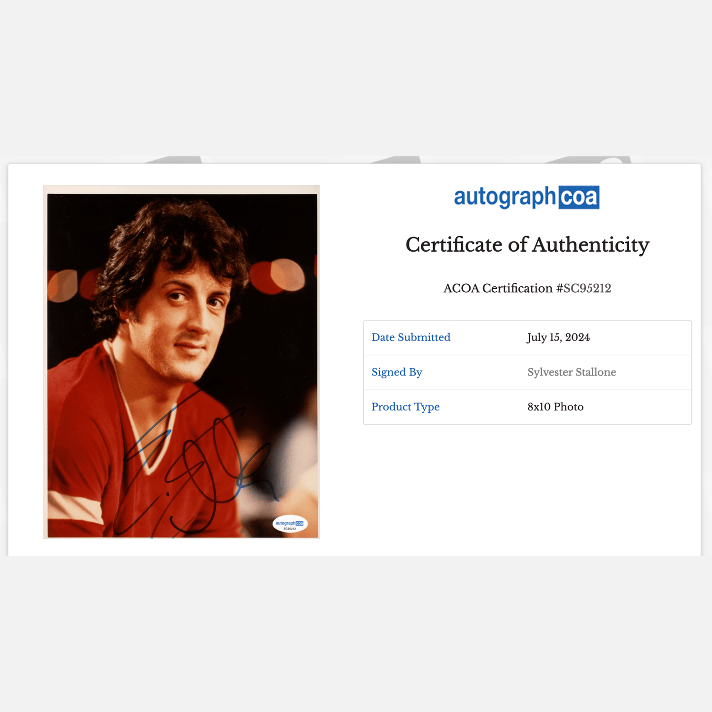 Autograf SYLVESTER STALLONE Certyfikat ACOA 20x25 cm