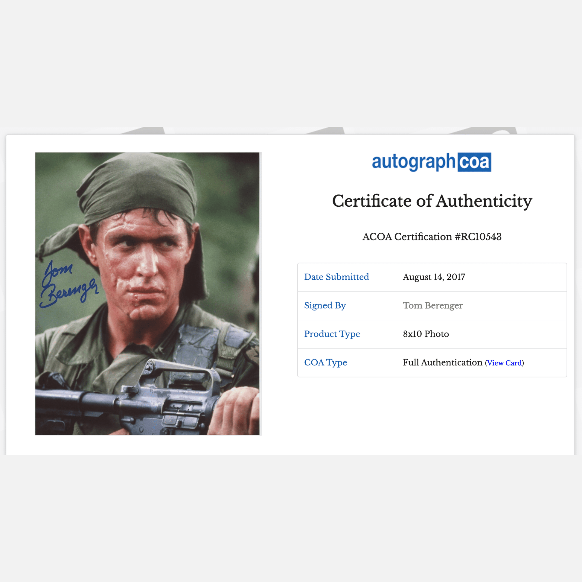 TOM BERENGER autograph ACOA signed 8x10 photography PLATOON 8x10