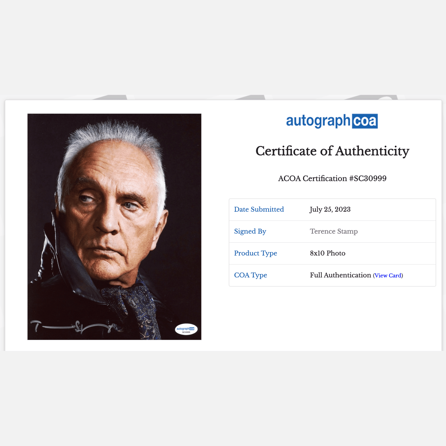 Autograf TERENCE STAMP Certyfikat ACOA 20x25 cm